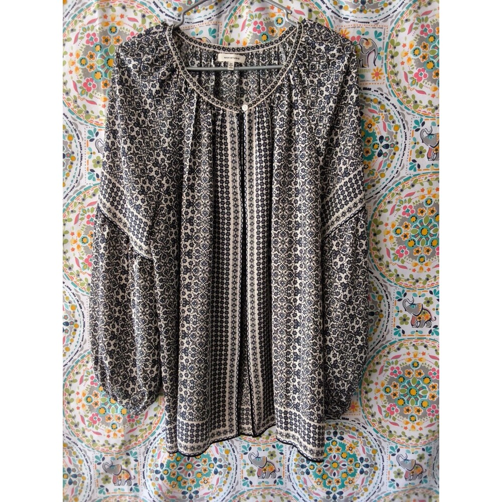 Max Studio Border Print Blouse Plus Size 2X Ivory Blue Black Office Professional